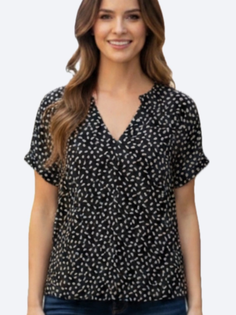 H&M Black and White Patterned V-Neck Short Sleeve Top Size 4